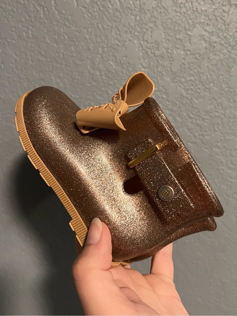 Mini Melissa Kids Brown Glitter Jelly Rain Boots Tan Bows